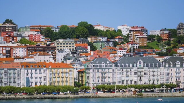Picturesque Spanish Buildings in Santander on Beachfront. Rows of Apartments with Promenade.