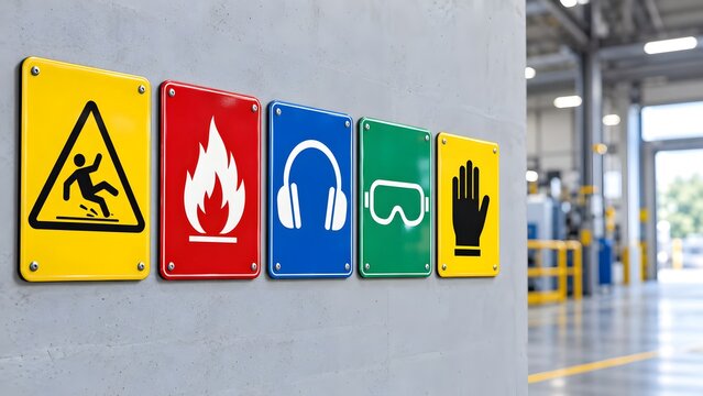 Industrial occupational health and safety warning signs displayed on a factory concrete wall