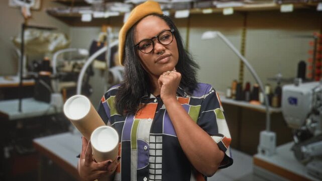 Woman holding blueprints and cardboard tubes, hand on chin thinking, wearing glasses and beret in studio; thoughtful creativity.