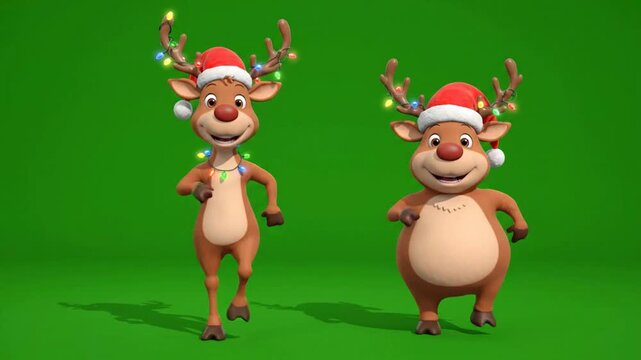 Two cute 3D cartoon reindeer dancing with christmas lights and santa hats on green screen holiday 3D animation