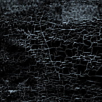 Dense cracked paint texture with fine light blue fissures on black background