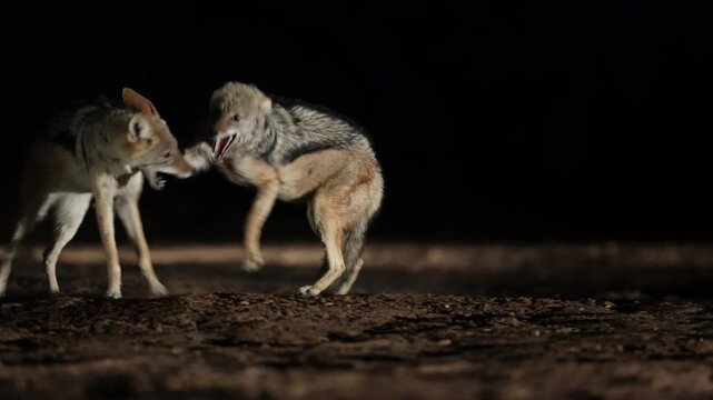 A pair of Black-backed Jackals engage in an aggressive altercation, circling one another while baring their teeth. Filmed from a low angle in Mashatu Game Reserve, Botswana.