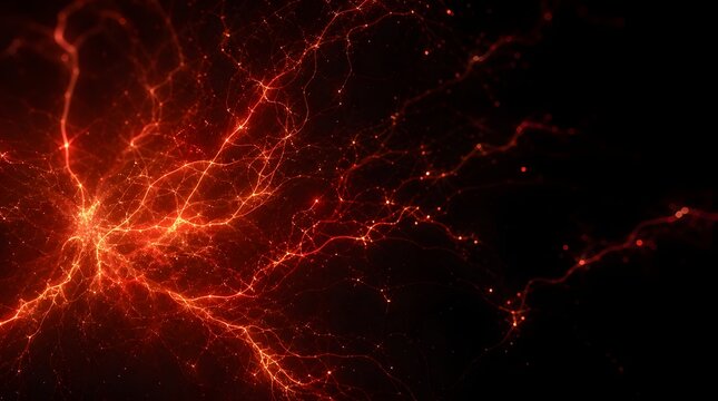 Abstract background of red neural pathways spreading on the left and glowing energy particles