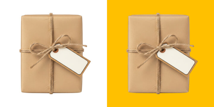 Rustic brown gift box with string and blank label tag
