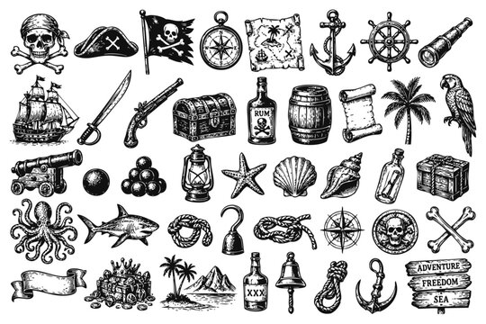 Pirate vintage icon set. Hand drawn nautical symbols, treasure, skulls and maritime illustrations.