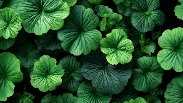 Lush Green Leaves with Varying Textures and Shades in Darkness