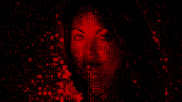 Female Face made of Source Data. Virtual Identity Concept.