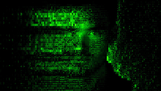 Male Face dissolving into Encrypted Code, illustrating Sock Puppet Account Concept.