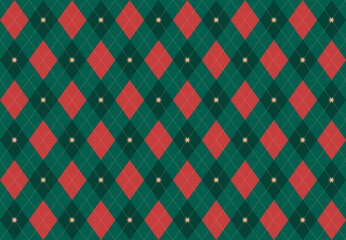 Obraz premium Christmas rhombus red and green seamless pattern. Xmas red plaid texture with gold line. Argyle geometric diamond abstract pattern. Christmas gift wrapping. Vector illustration background.