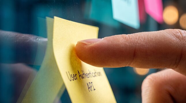 Macro Detail of Hand Placing Sticky Note on Sprint Board