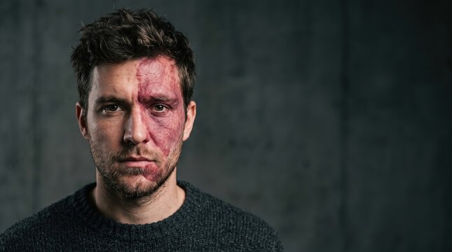 Portrait of young man with large facial port wine stain capillary malformation birthmark