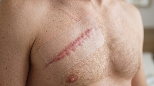 Silicone scar sheet patch applied on sternotomy keloid surgical scar on man chest