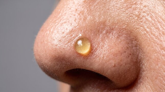 Extreme macro of serum filled blister vesicle on human nose skin inflammation