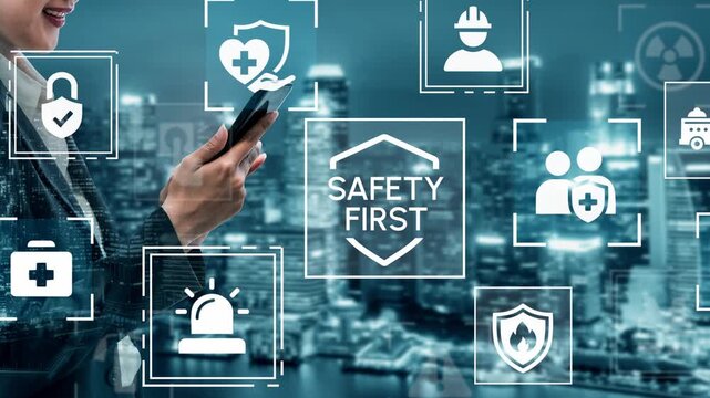 Businesswoman Using Smartphone with Safety Icons Background and Safety First Concept for Health and Emergency Services in Urban Setting. Entropy.