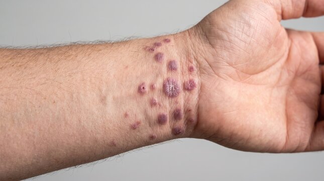 Lichen planus violaceous polygonal papules rash eruption on human inner wrist skin