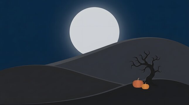 A spooky halloween night landscape featuring a bright full moon over a dark hill with a bare tree