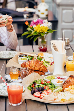 A beautiful outdoor brunch spread on a table