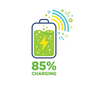 Modern digital battery energy indicator showing eighty-five percent charging status with dynamic wireless signal icons