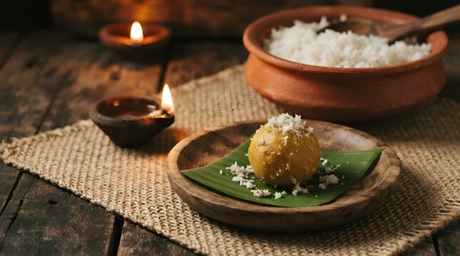 aditional indian bohag bihu festive food and lit clay diya lamp set on a rustic wooden table, representing assamese cultural celebrations