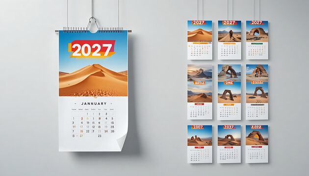 new year 2027 Wall calendar for the year 2027 showing January page with desert sand dunes under clear blue sky and smaller monthly pages with natural rock formations 