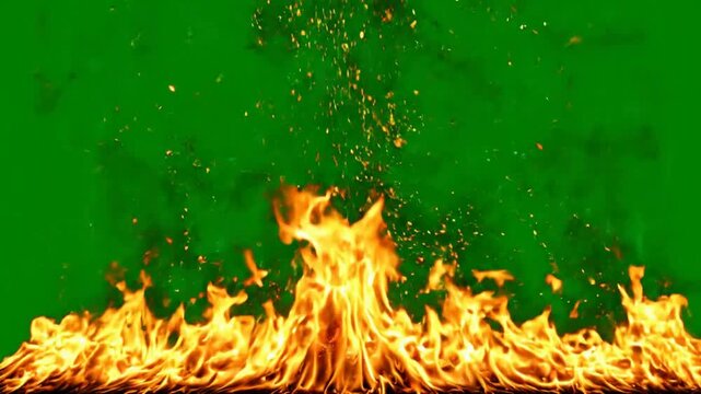 Realistic fire flames with rising sparks overlay on green screen for easy compositing and visual effects