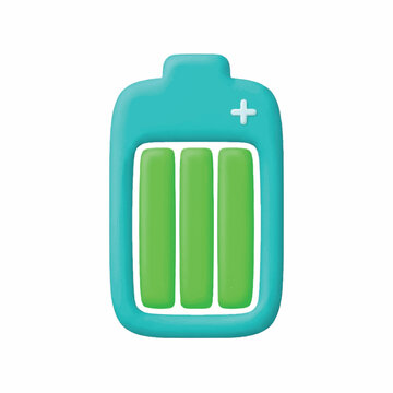 3D Rendered Turquoise Battery Icon with Green Energy Level Indicators Representing Full Charge Capacity for Digital Power and Technology Interface Design