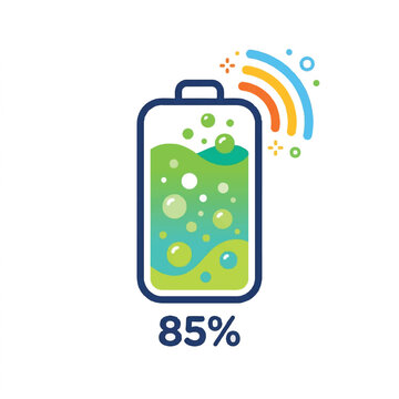 Green Eco Battery Charging Vector Icon with 85 Percent Power Level and Wireless Signal Waves on White Background