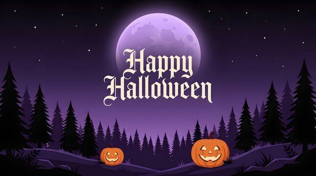Spooky halloween background featuring a glowing full moon dark pine forest silhouette and carved jack o lanterns
