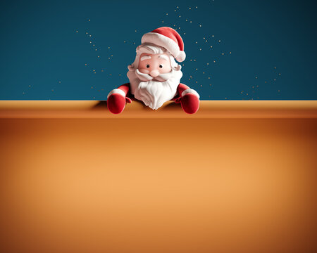 Christmas greeting card design with copy space. Santa Claus holding blank vintage paper scroll. 3D Rendering, 3D Illustration