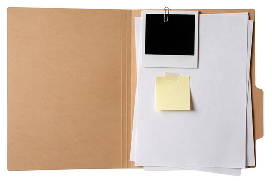 Open Manila File Folder with Blank Documents Photo Frame and Sticky Note