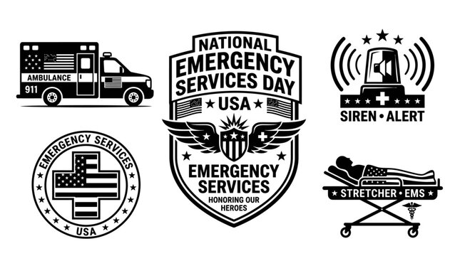Emergency Services Icon Collection Featuring Medical Response Vehicles, Professional Badges, and Alert Equipment Symbols