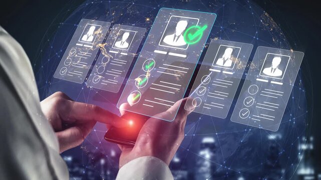 Hands Using Smartphone with Digital Interface Showing Profiles and Checkmarks, Representing Technology and Online Verification Process Sigmoid