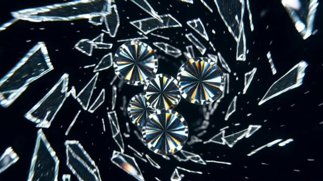 Dynamic shards of shattered glass reform into sparkling kaleidoscopic patterns, reflecting light in a swirling vortex against a dark backdrop.