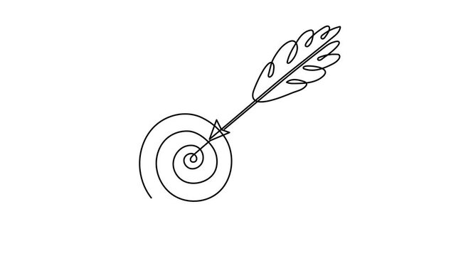 Arrow hitting target center spiral one line art animation, continuous line drawing business goal success archer arrow motion, accurate focus achievement abstract 4k self-drawing video