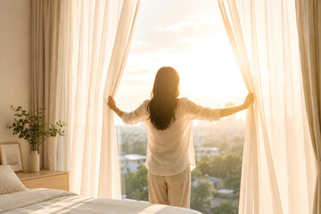 Fototapeta premium Person Opening Curtains to Bright Morning Light Symbolizing Fresh Start