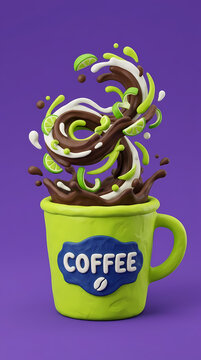 Claymation style coffee cup with swirling liquid splash and lime slices on purple background.