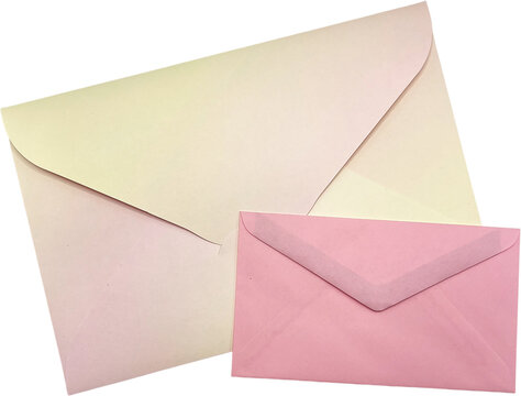 Two blank pink and cream paper envelopes on transparent background