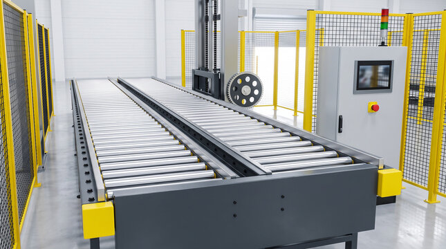 Automated roller conveyor line with yellow safety fence and control panel inside a modern factory