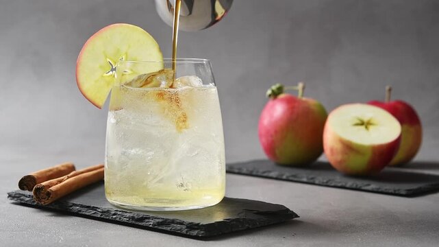 Cold brew coffee pours over iced apple cider tonic, creating layered refreshing coffee beverage.