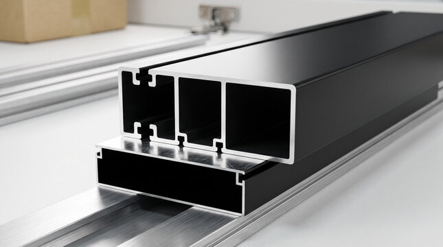 Black anodized aluminum extruded profile showing cross-section detail on silver rail in industrial setting