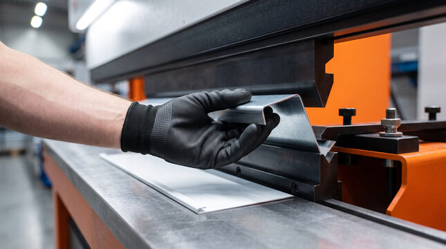 Gloved worker bending sheet metal on a press brake machine in an industrial factory setting