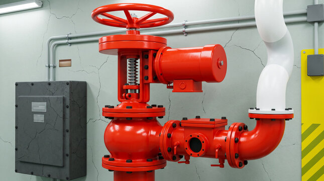 Red industrial gate valve and pipe system with handwheel and control box on cracked factory wall