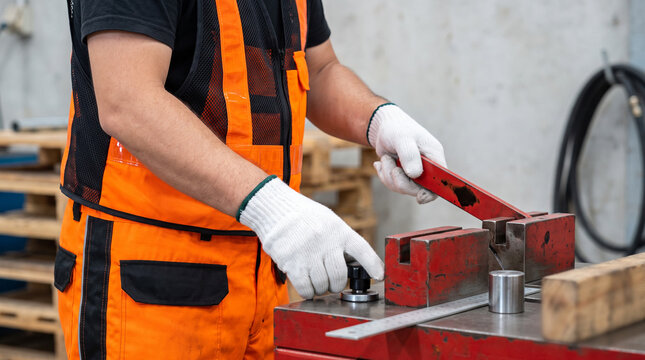 Worker in orange safety vest bending a metal rod on an industrial vice in a factory workshop