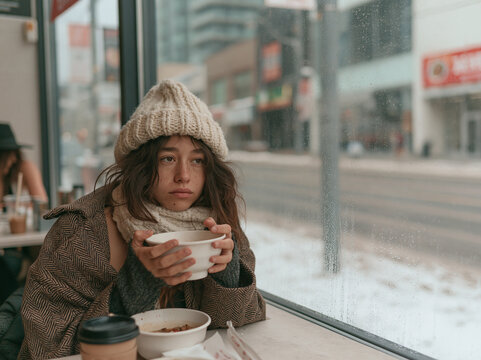 Thoughtful Young Woman in Winter Hat Holding Warm Bowl Sitting by Cafe Window
