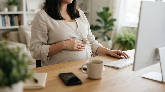 Pregnant woman working from home office, expectant mother using computer at wooden desk, remote work during pregnancy