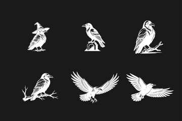 Obraz premium Vintage style raven and crow illustrations set. Hand-drawn corvid birds in various poses including flying, perching, with a witch hat, and on a tombstone.