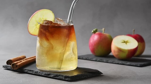 Hand stirs apple cider cold brew tonic using metal straw and mixes coffee into sparkling drink.