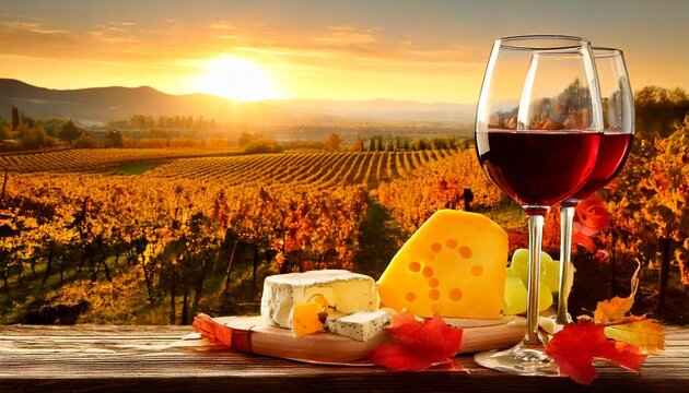 Vignoble d&rsquo;automne avec vin rouge, raisins et fromage pendant la saison des vendanges