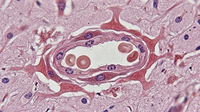 Cross section of human cerebral neurovascular unit, showing intact blood brain barrier architecture, endothelial lining, pericyte sheath, astrocyte endfeet, basement membrane, erythrocyte lumen.