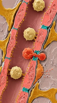 Neuroinflammatory diapedesis demonstrating leukocyte extravasation across cerebral endothelium, transmigrating neutrophil penetrating tight junction into neural tissue, microvascular basement membrane